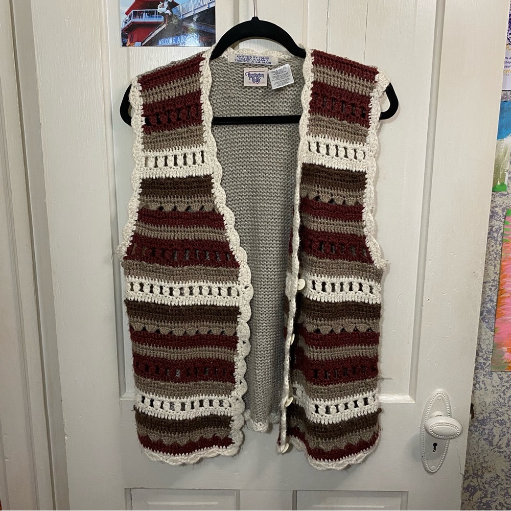HUNTINGTON RIDGE | Crochet Vest Knitted by Hand Striped Button Vintage Vest